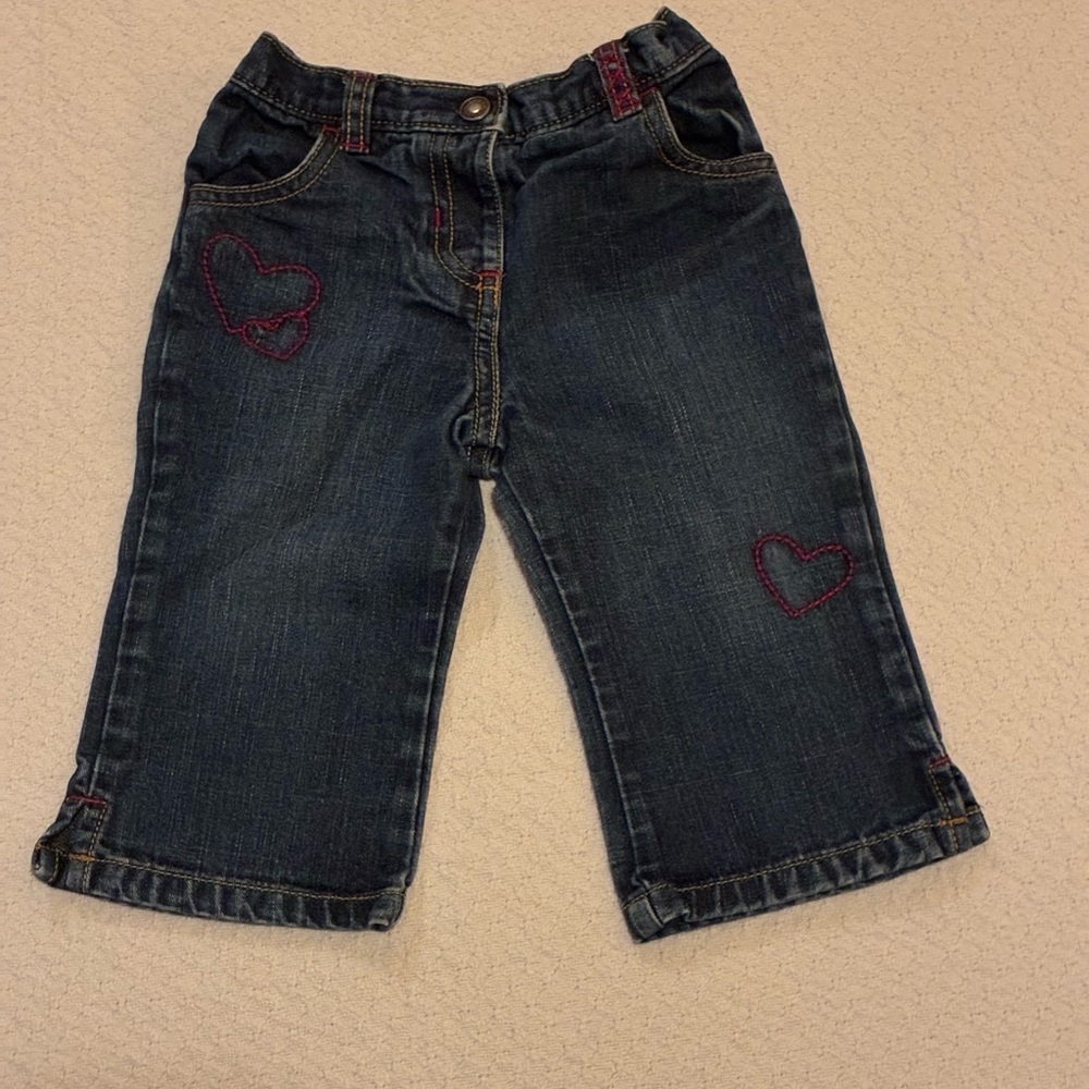 Old Navy Girls Blue Jeans with Embroidered Red Hearts and Elastic Waistband.